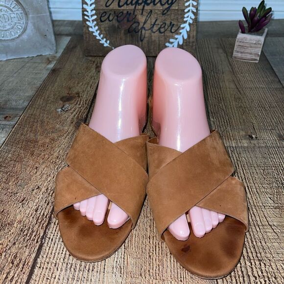 Schutz Barbarella brown suede criss-cross block heel slide sandals - Picture 9 of 13